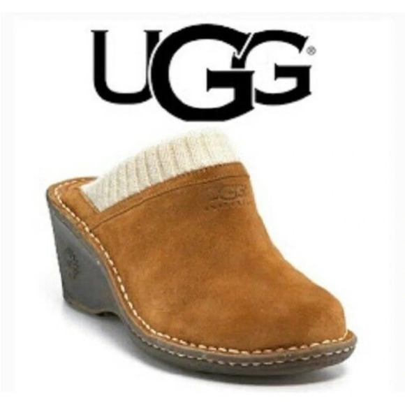 Ugg Brown Gael Suede Wedge Heel Slip On Clog - Picture 1 of 9